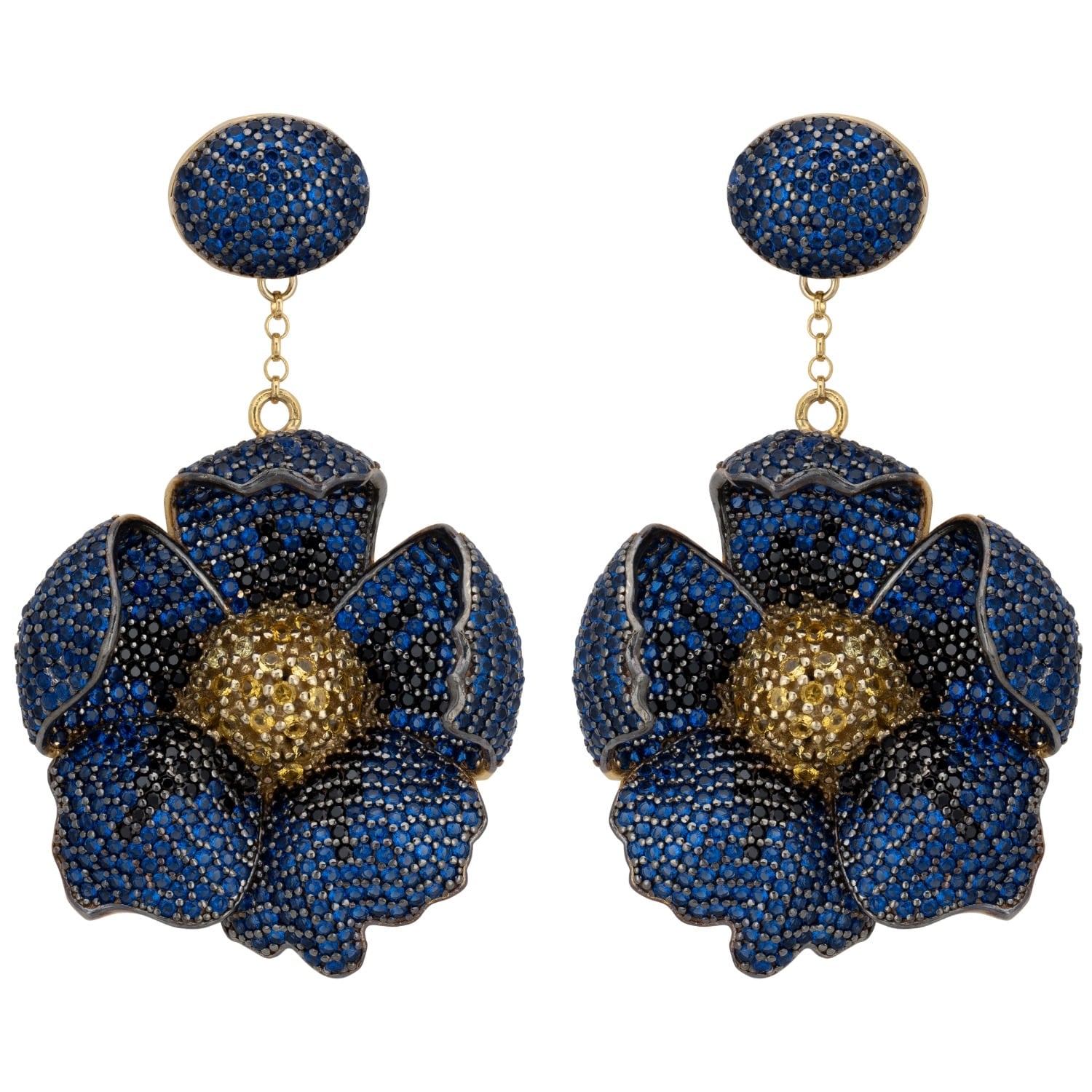 Poppy Flower Drop Earrings Sapphire Gold