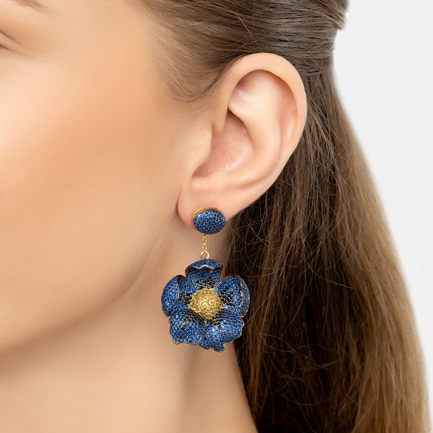 Poppy Flower Drop Earrings Sapphire Gold