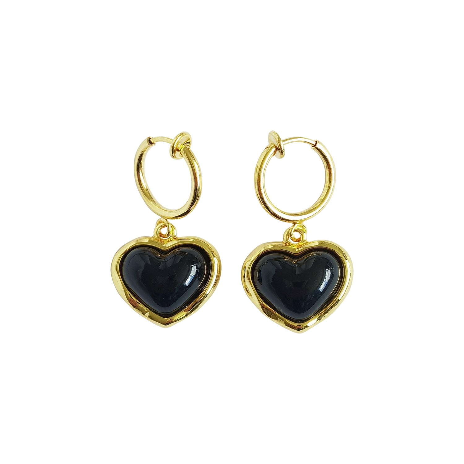 Porcelain Black Heart Clip-On Hoop Earrings