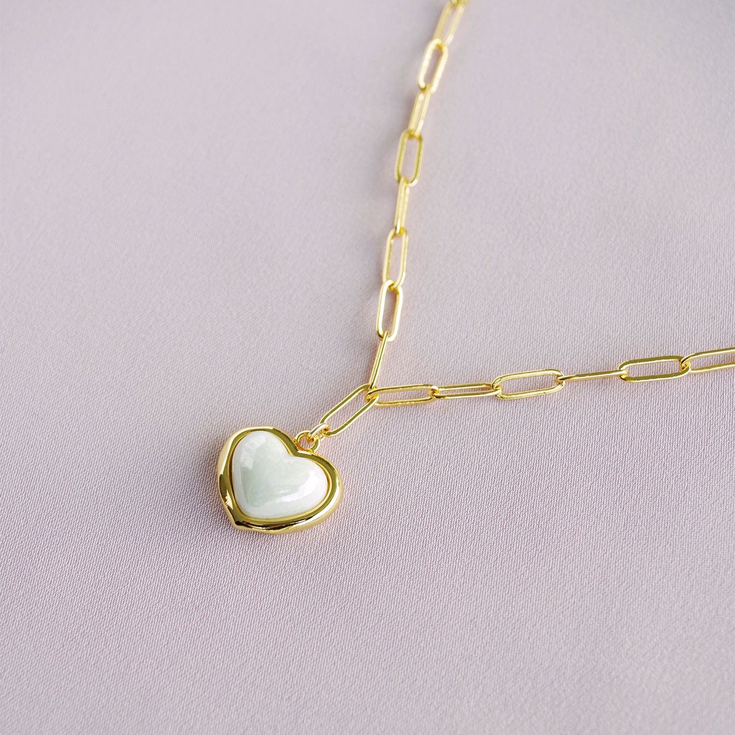 Porcelain Pearly White Heart Pendant Necklace