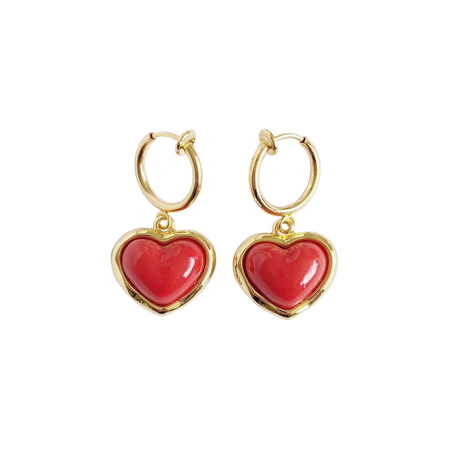 Porcelain Red Heart Clip-On Hoop Earrings