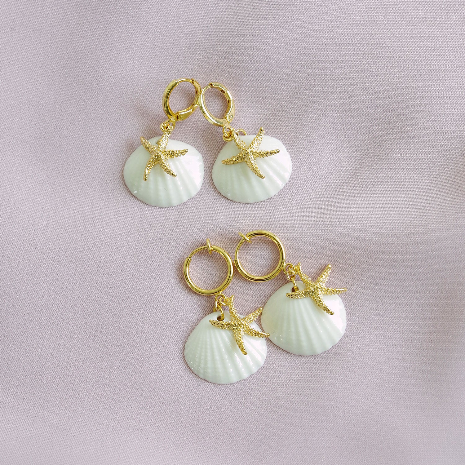 Porcelain Shell And Sea Star Clip-On Earrings