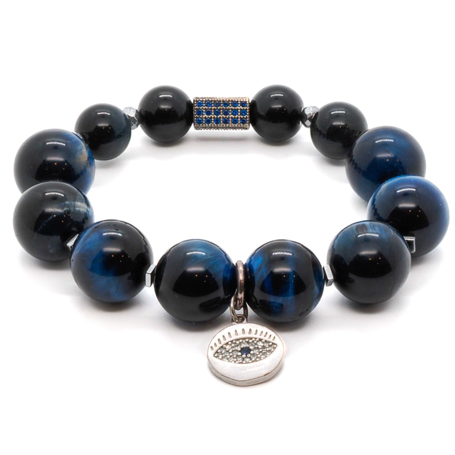 Blue Tiger's Eye Stone Beaded Silver Evil Eye Bracelet - Blue