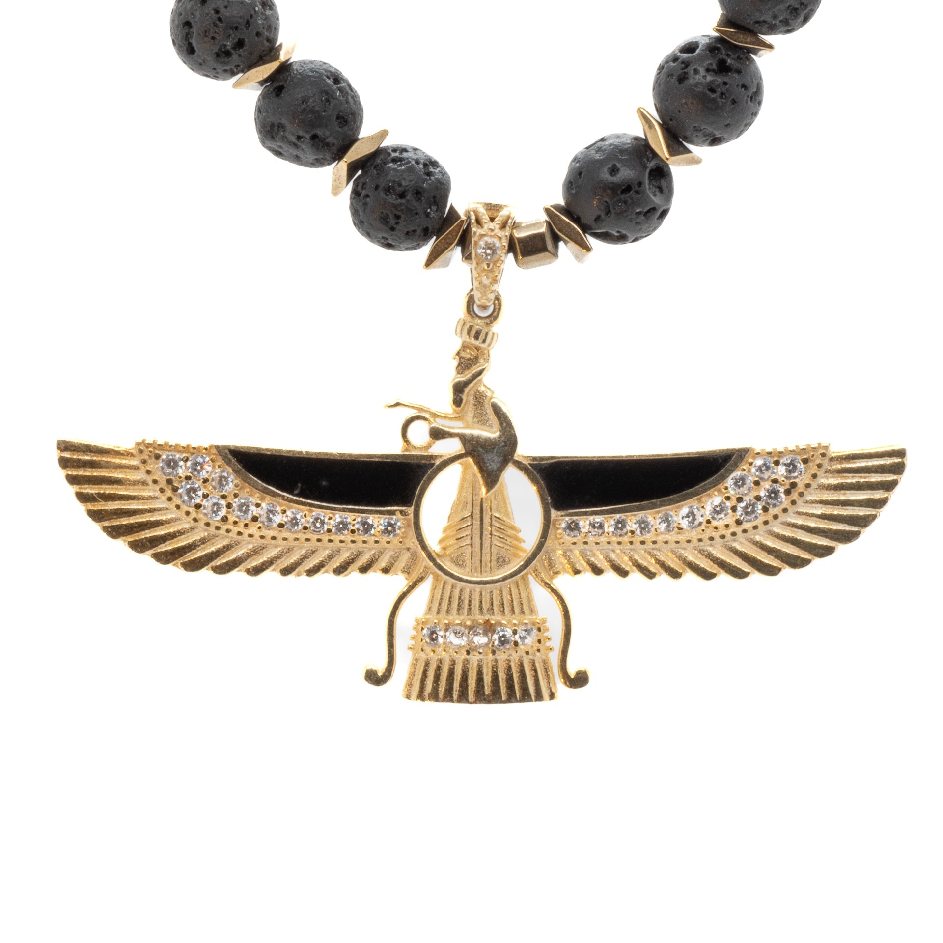 Guidance Faravahar Symbol Pendant Black Beaded Necklace - Black