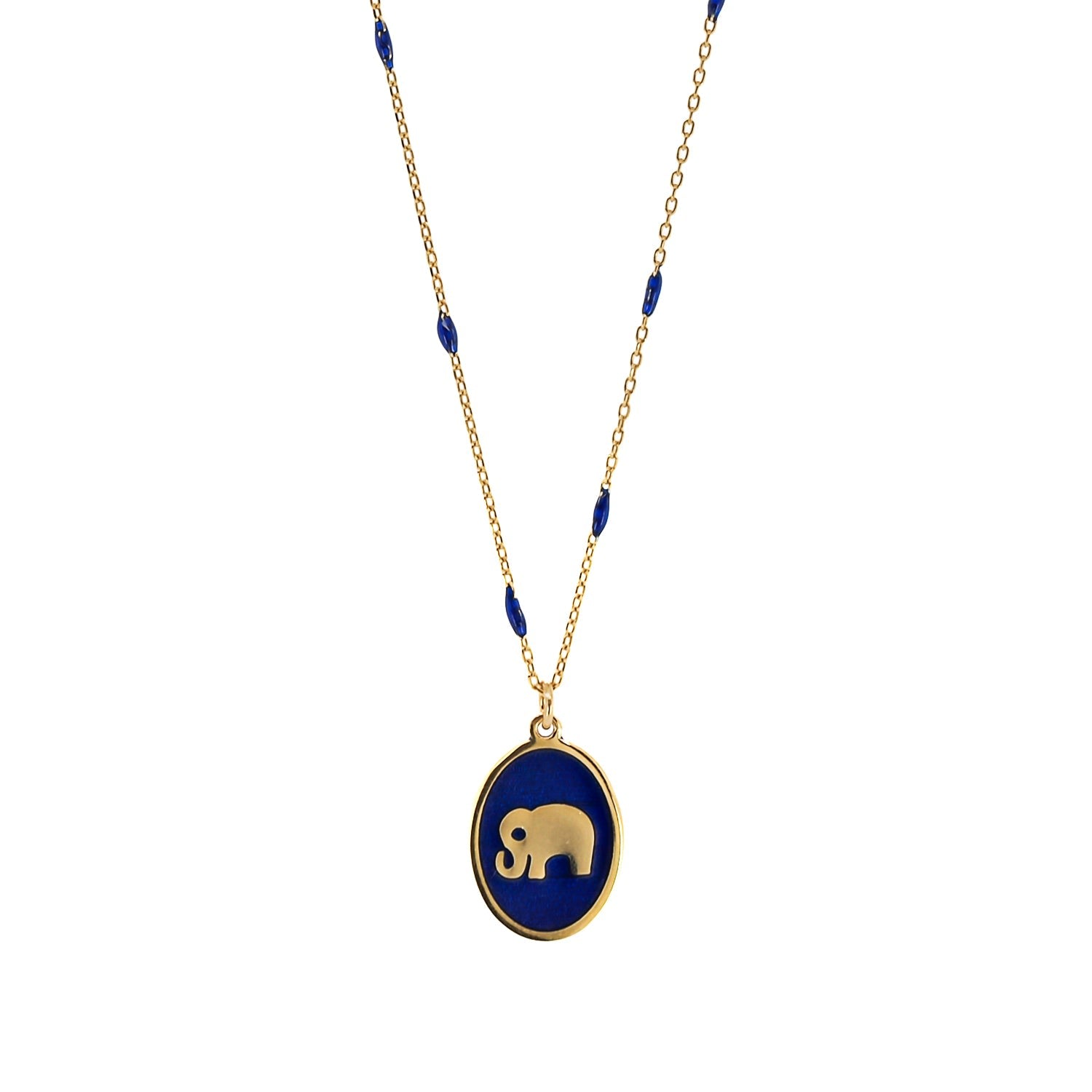 Lucky Elephant Pendant Blue Enamel & Gold Chain Necklace - Blue