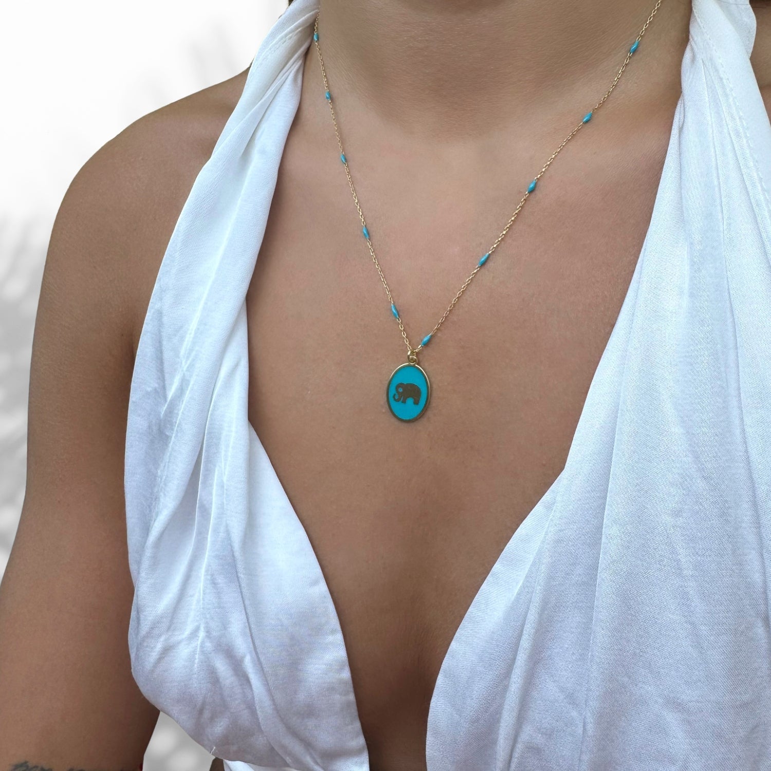 Powerful & Lucky Elephant Gold & Turquoise Chain Necklace - Turquoise