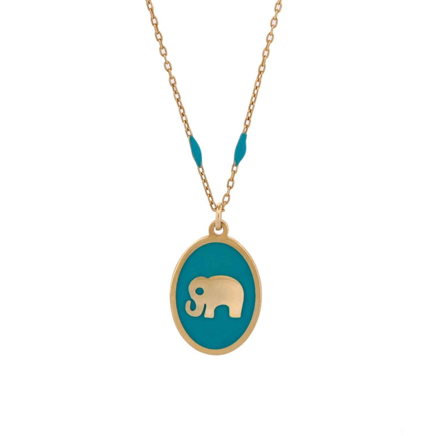 Powerful & Lucky Elephant Gold & Turquoise Chain Necklace - Turquoise