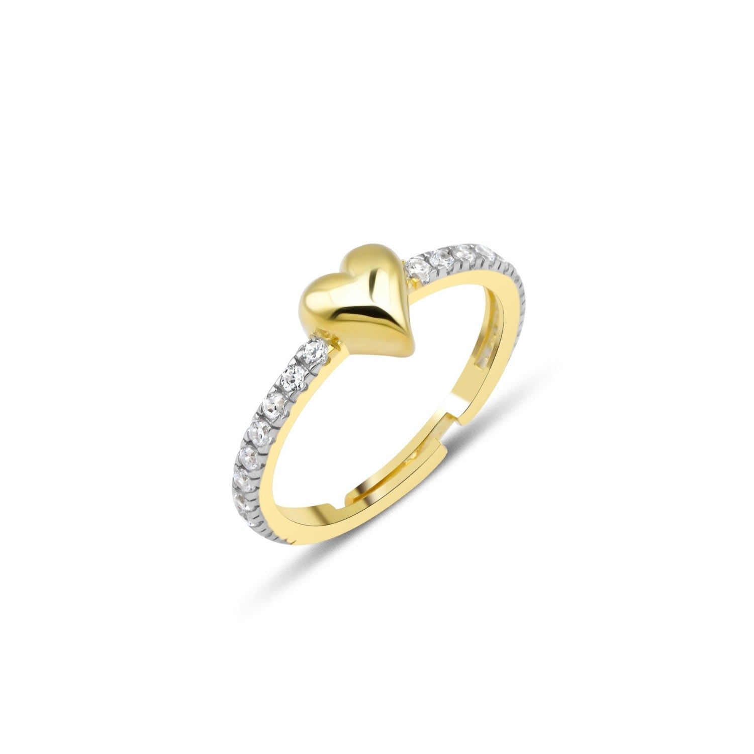 Love Heart Zirconia Half Round Adjustable Sterling Silver Ring - Gold