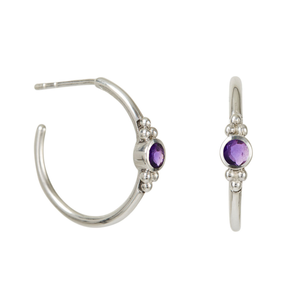 Holi Jewel Silver Hoop Earrings - Amethyst