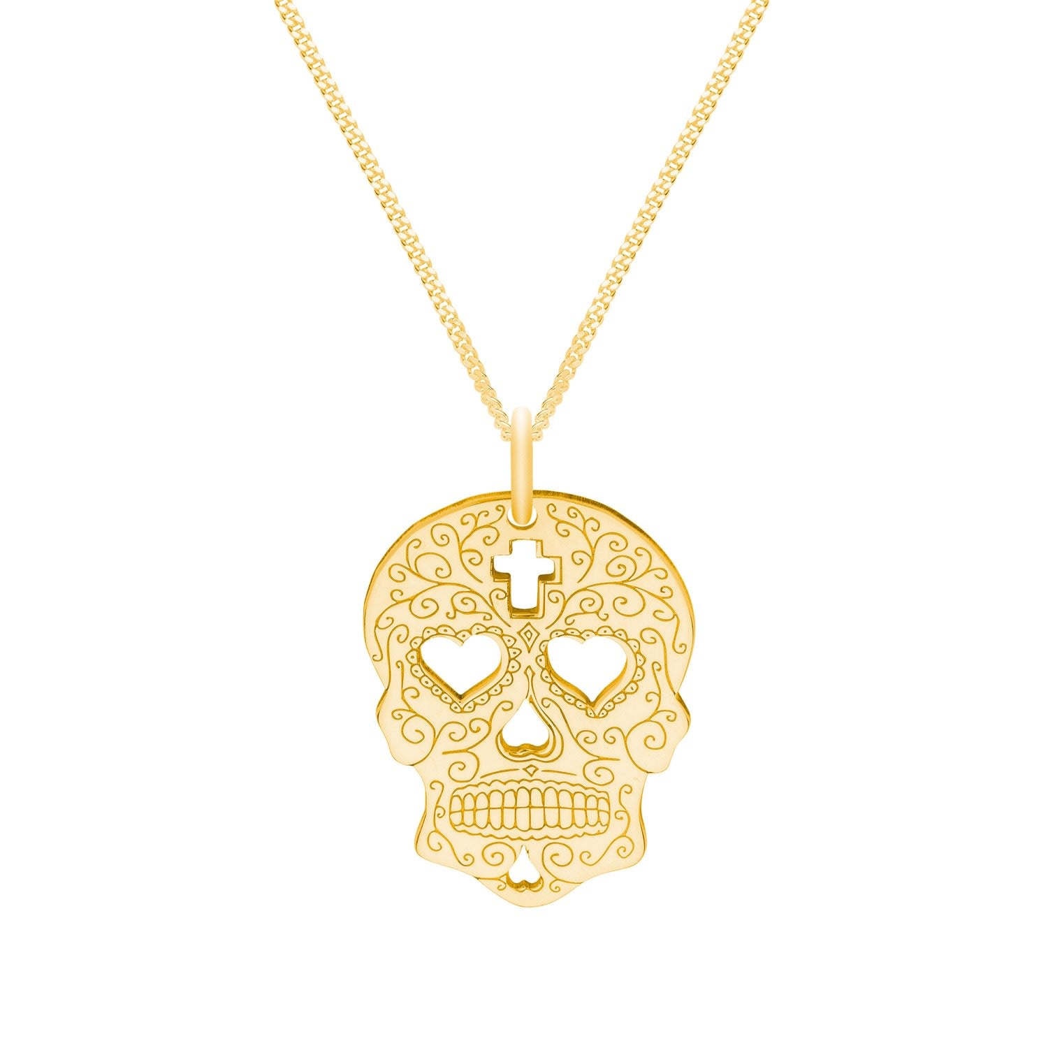 Medium Gold Sugar Skull With Heart Eyes Pendant Necklace