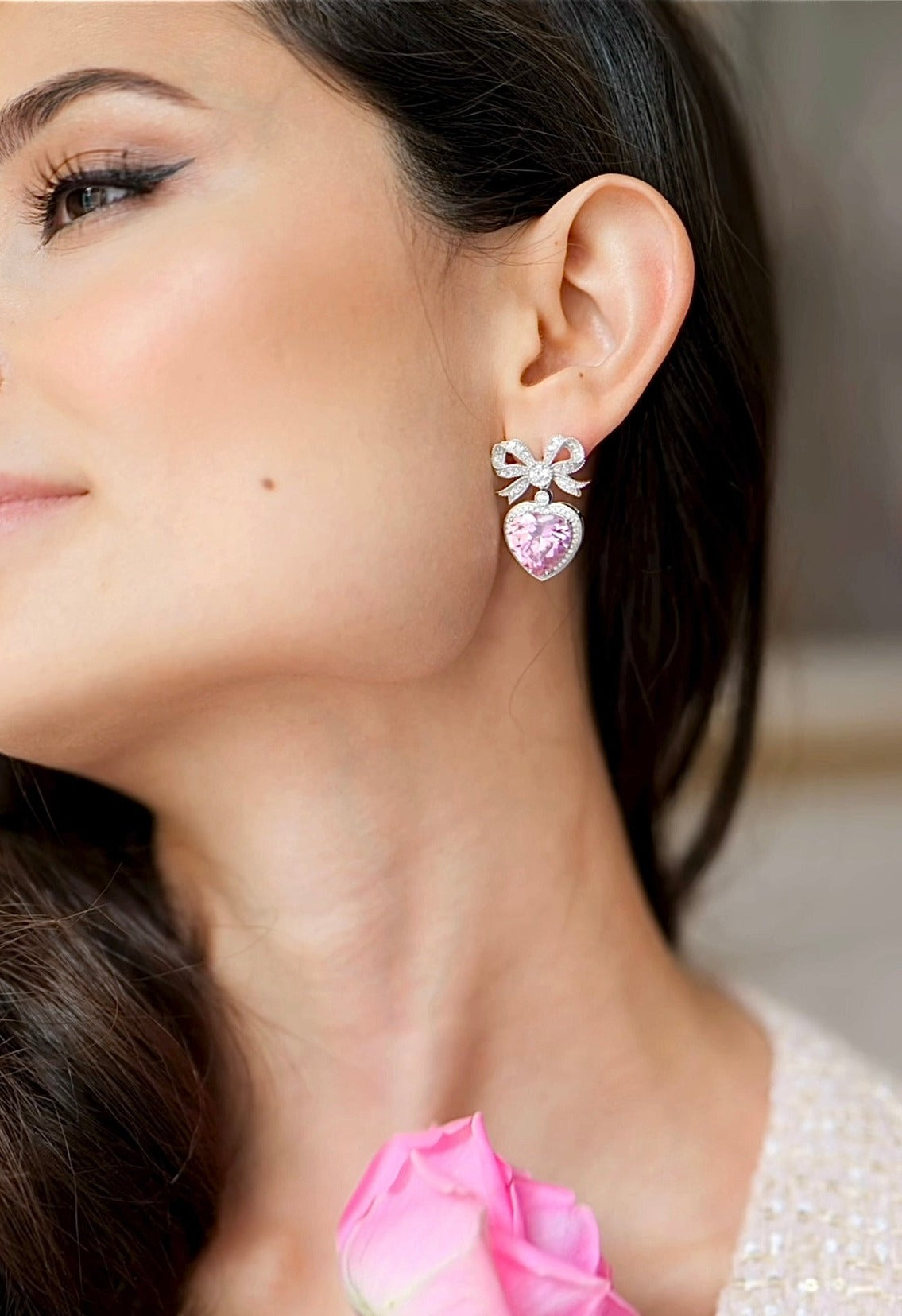 Princess Bow & Crystal Heart Silver Earrings