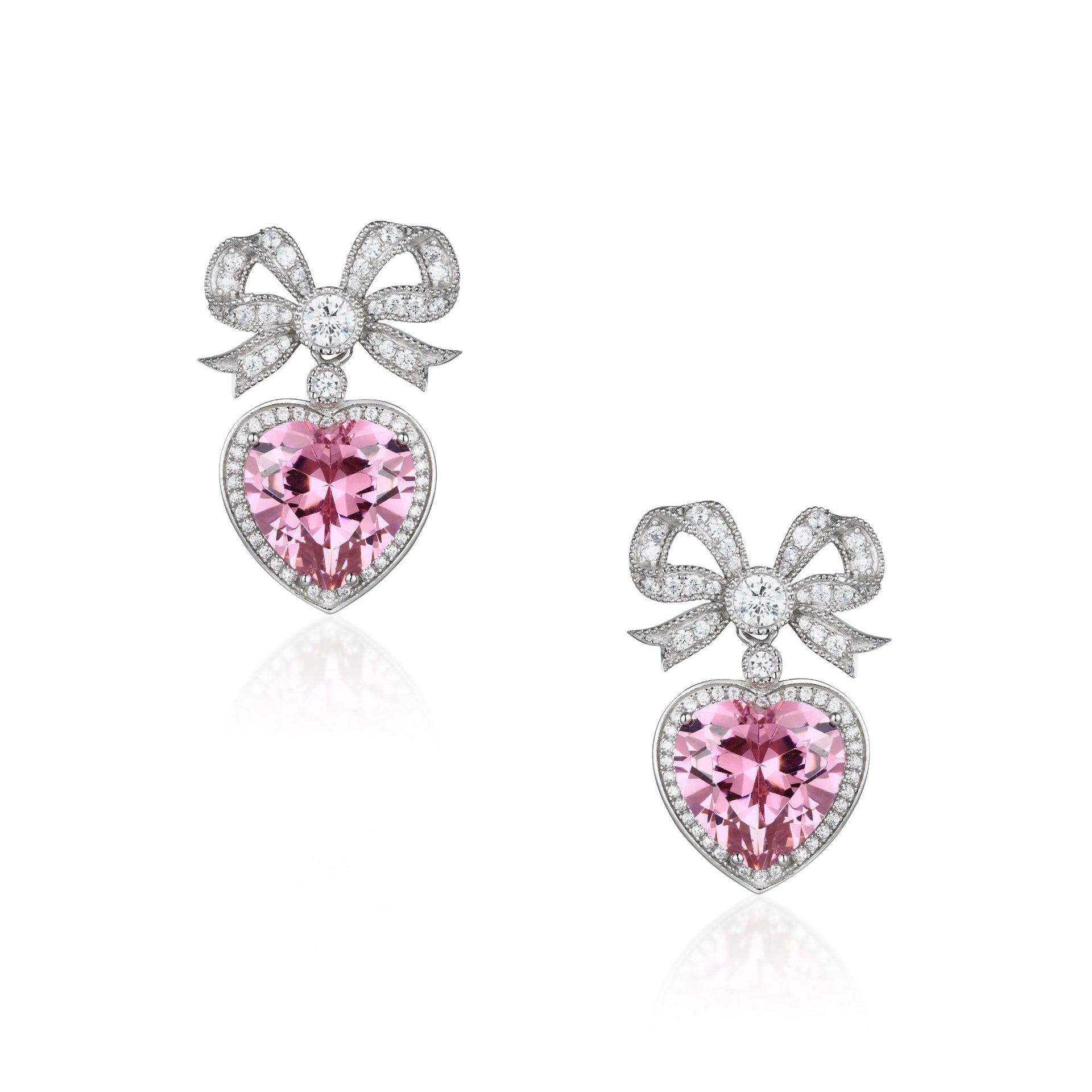 Princess Bow & Crystal Heart Silver Earrings