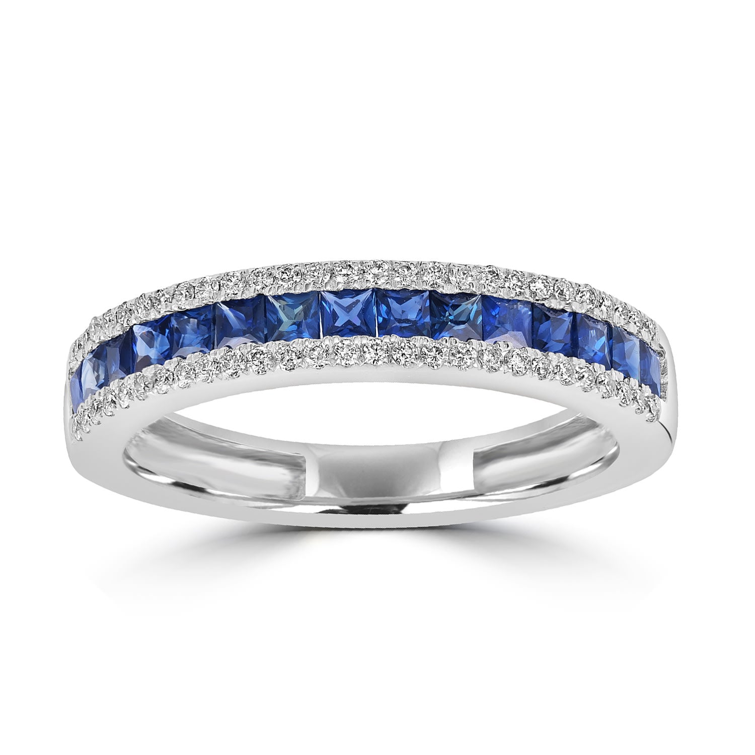 Princess Cut Blue Sapphire Pave Diamond Band Ring In White Gold