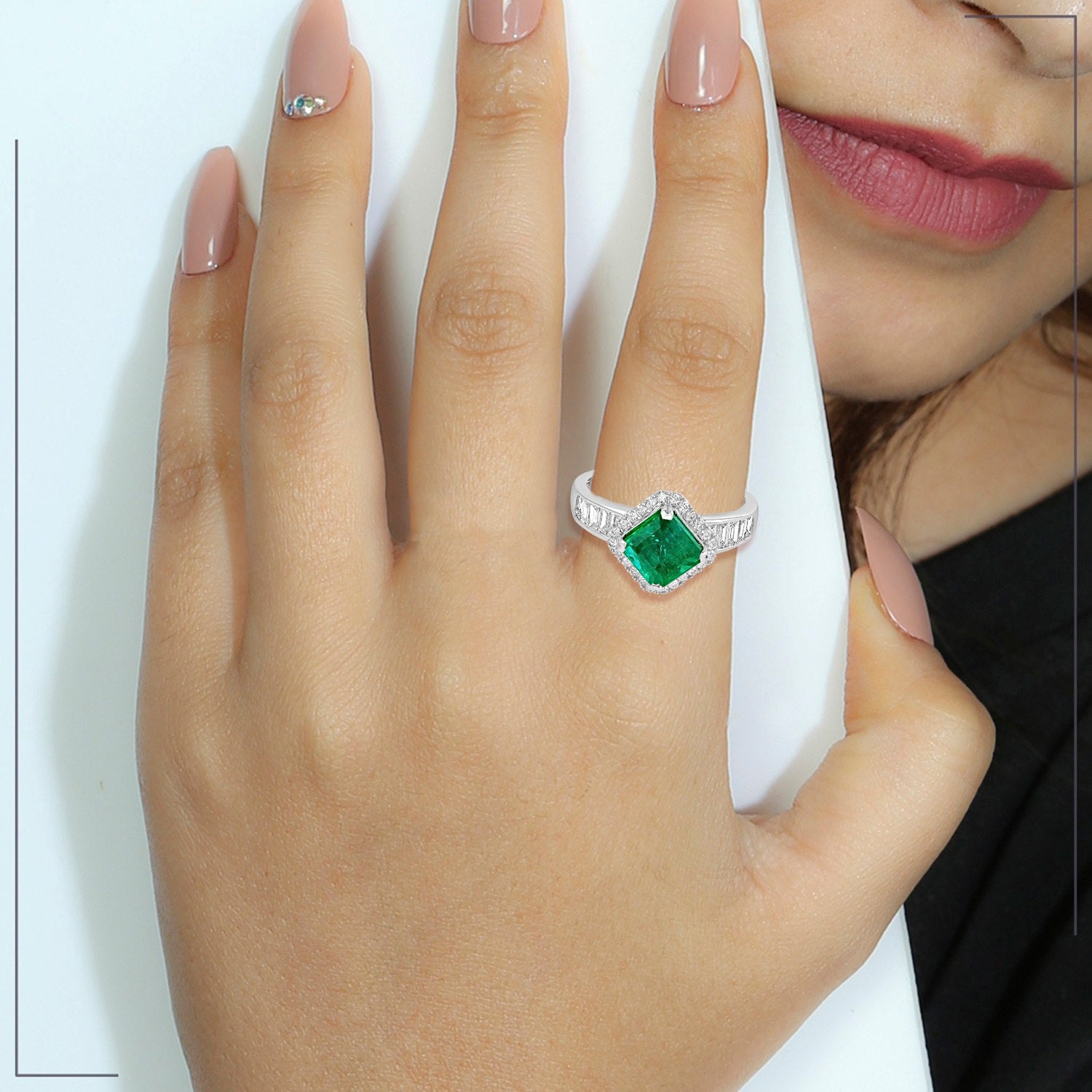 Princess Cut Emerald Baguette Cut Diamond Band Ring In White Gold