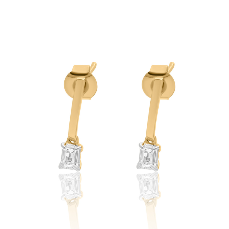 Gold Bar Diamond Emerald Cut Stud Earring
