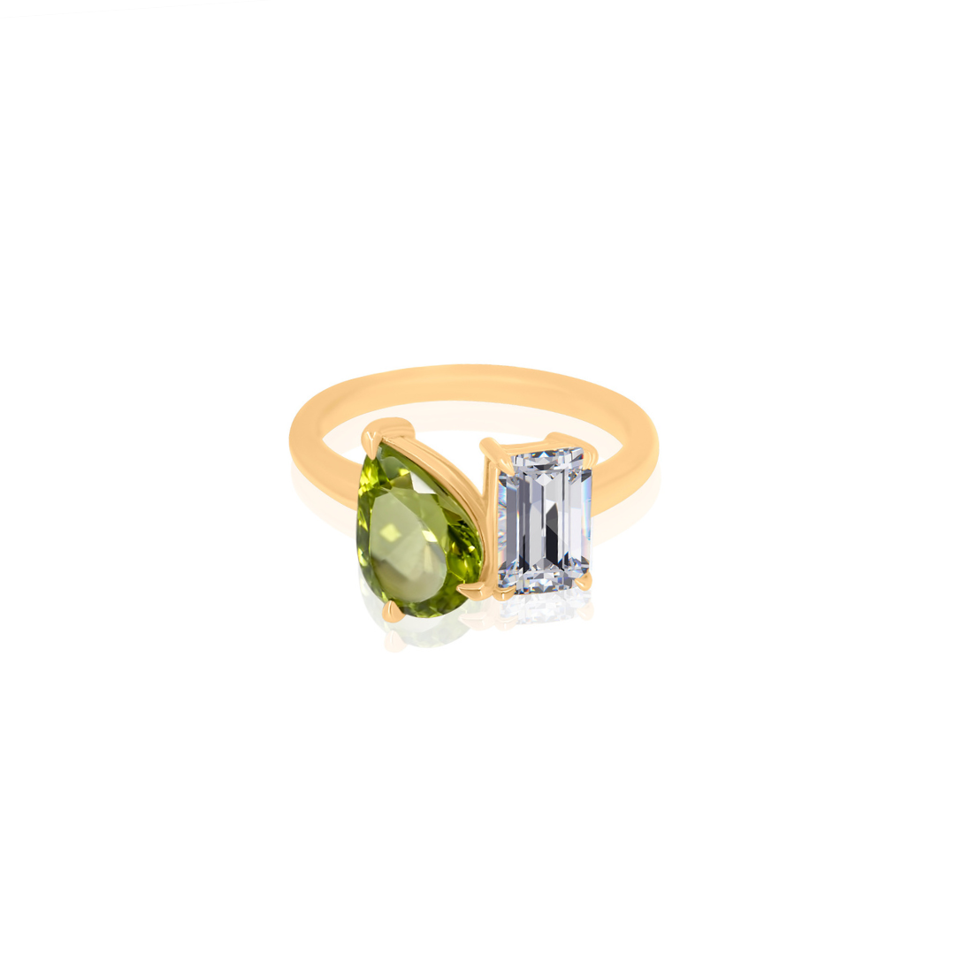 Gold Lab Diamond And Peridot Two Shape Ring