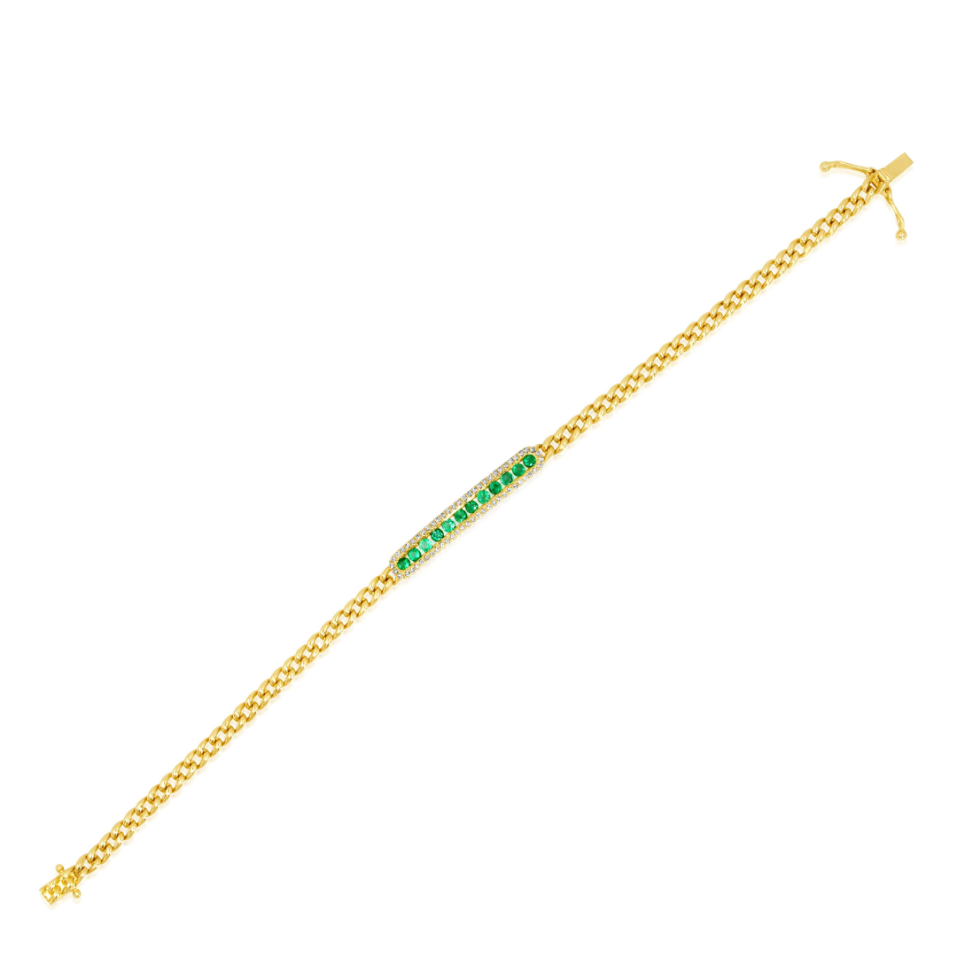 Gold Emerald Diamond Bar Cuban Link Bracelet