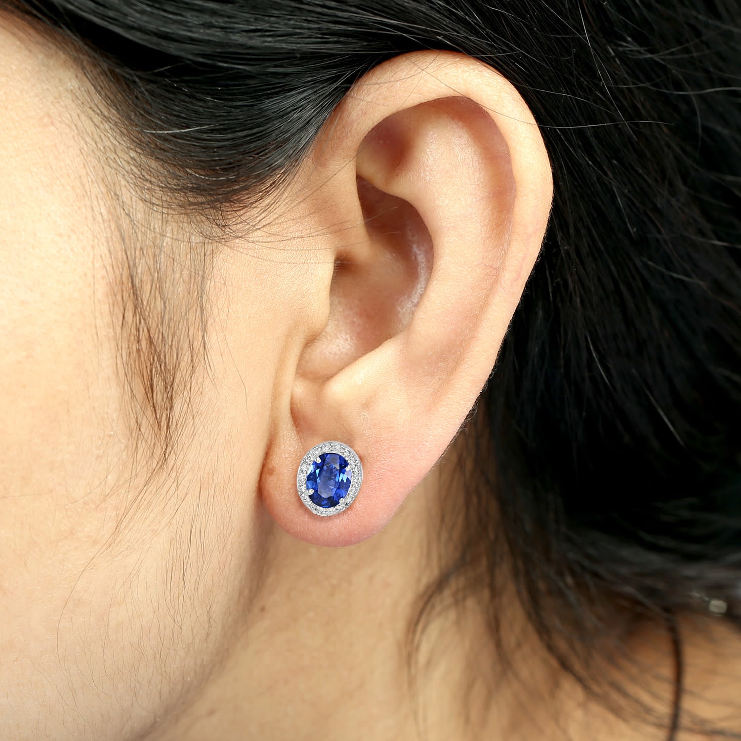 Prong Blue Sapphire & Diamond Oval Earrings In White Gold