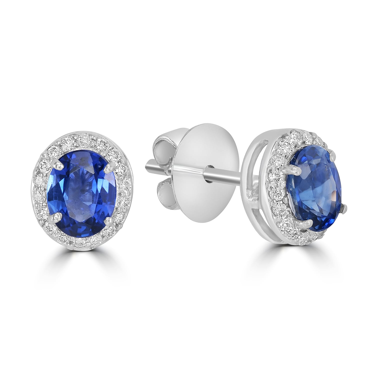 Prong Blue Sapphire & Diamond Oval Earrings In White Gold