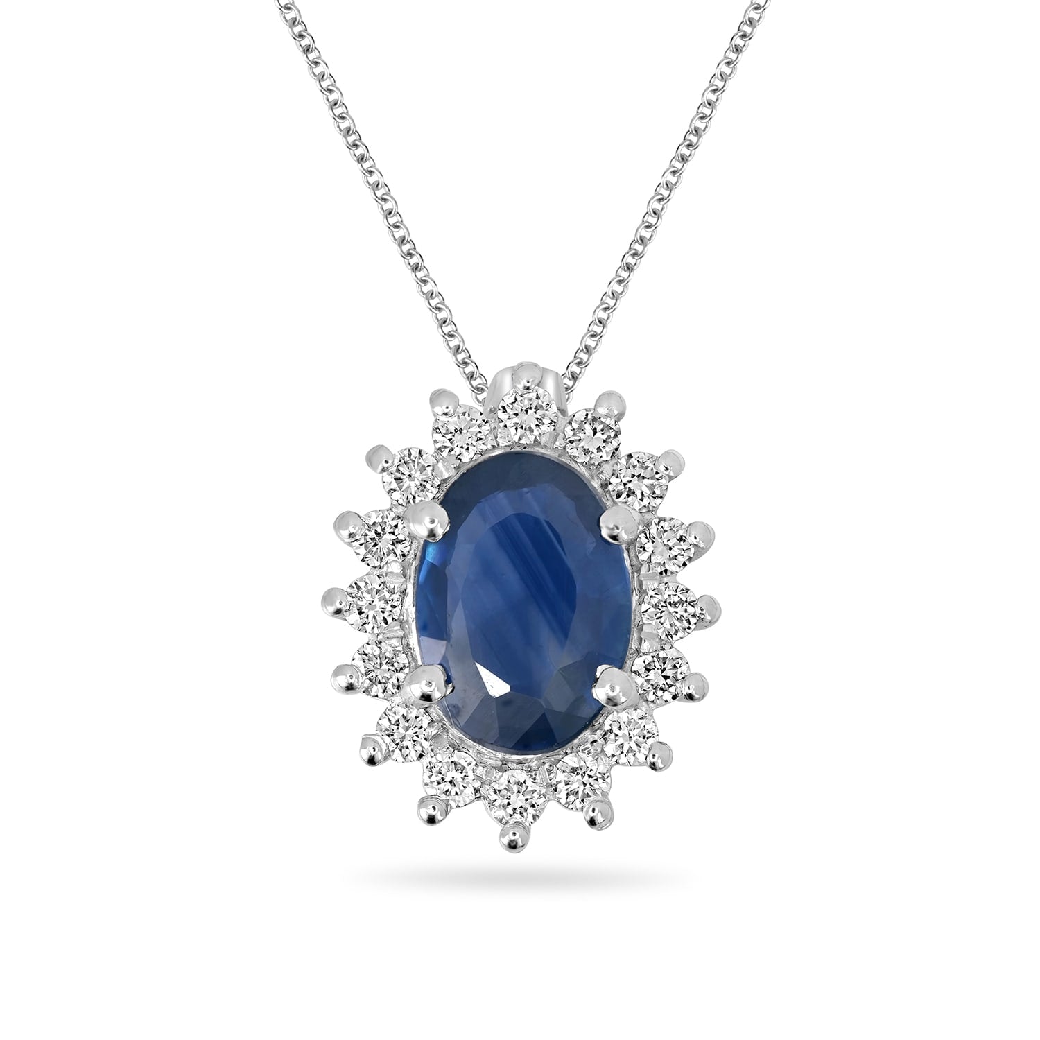 Prong Diamond & Blue Sapphire Gemstone Pendant In White Gold