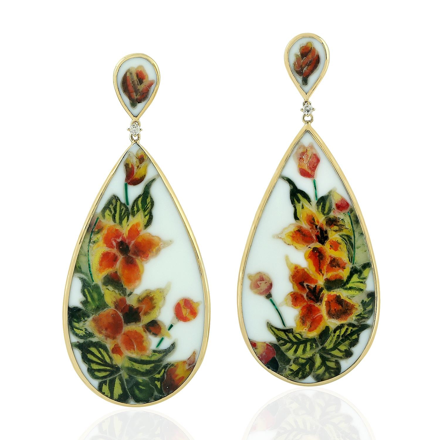 Prong Diamond & Colored Bakelite Flower Earrings In Gold – Designer Dangle Jewelry
