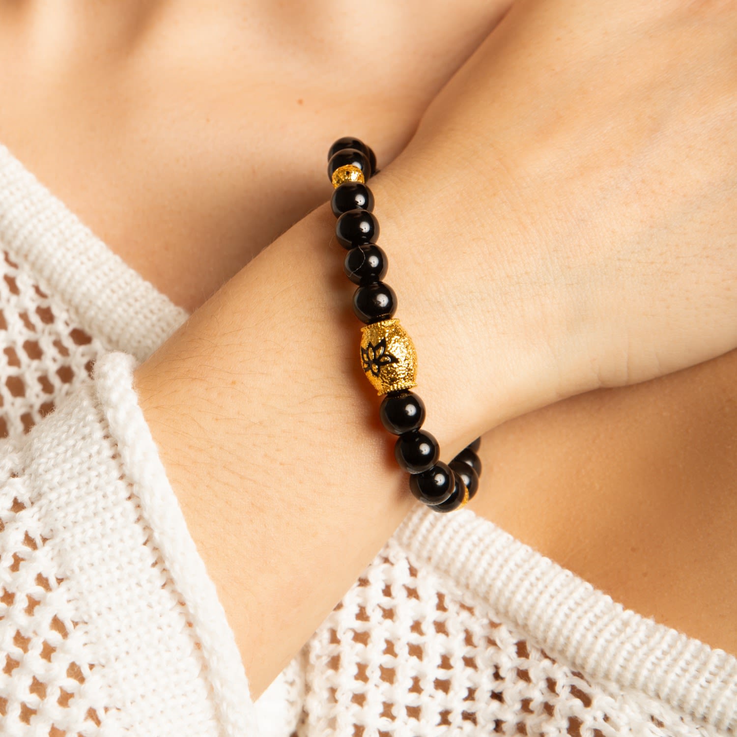 Protection And Strength Onyx Lotus Beaded Bracelet