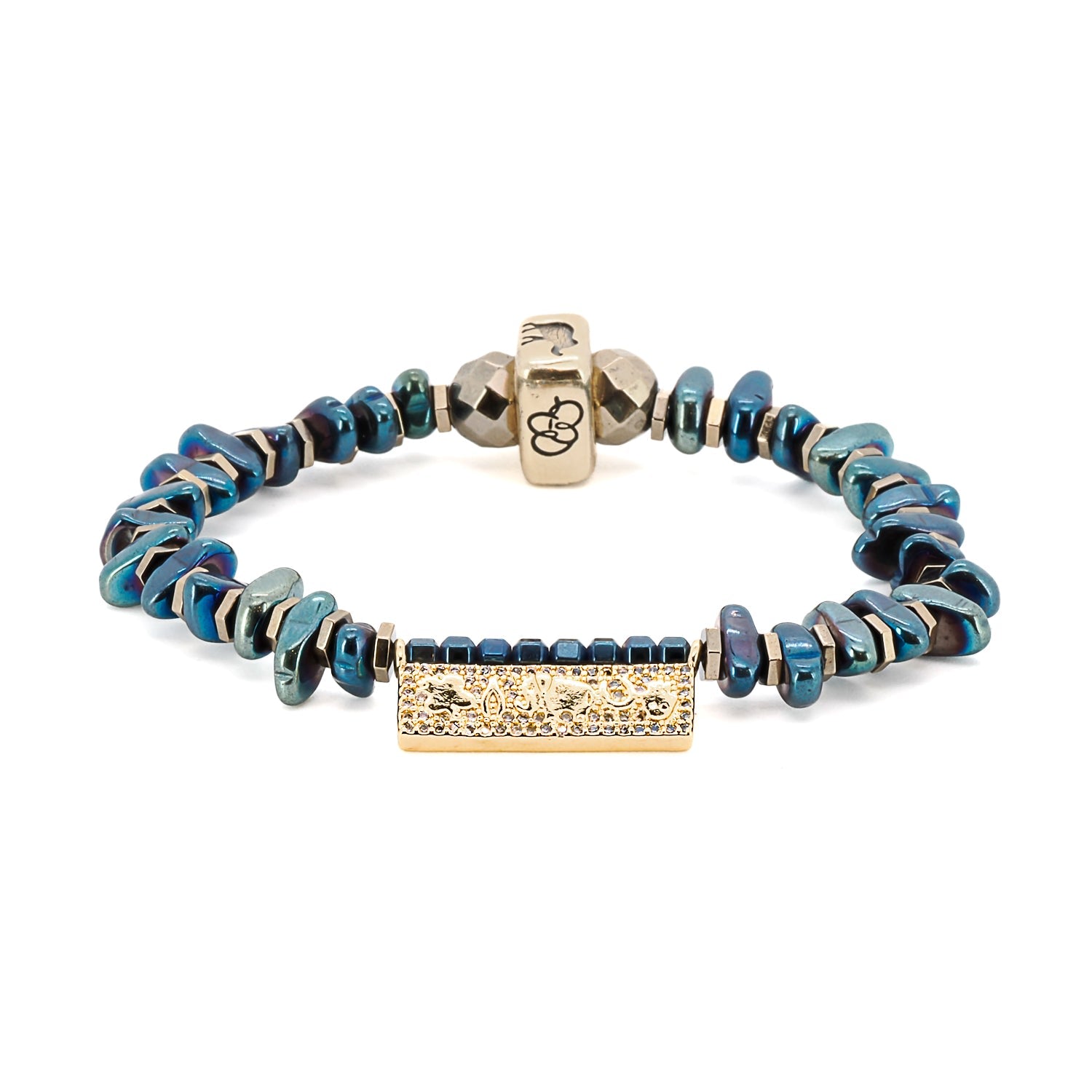 Protection & Luck Blue Hematite Beaded Symbol Bracelet - Gold