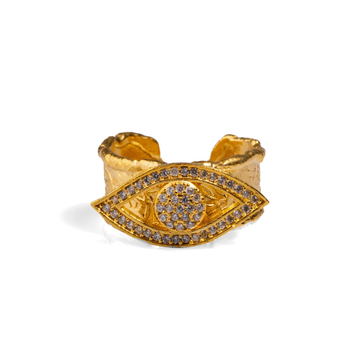 Diamond Evil Eye Design Gold Adjustable Statement Ring - Gold