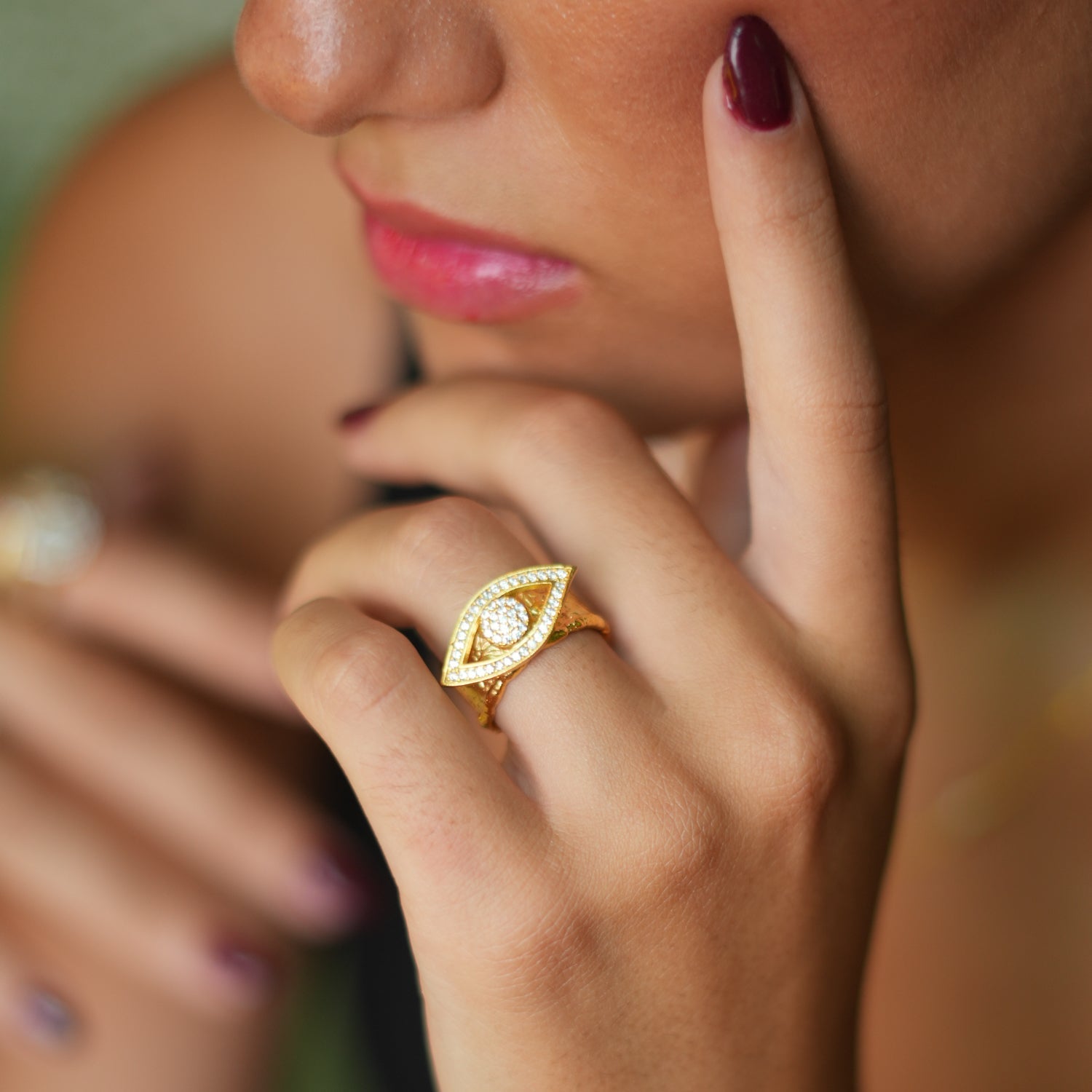 Diamond Evil Eye Design Gold Adjustable Statement Ring - Gold