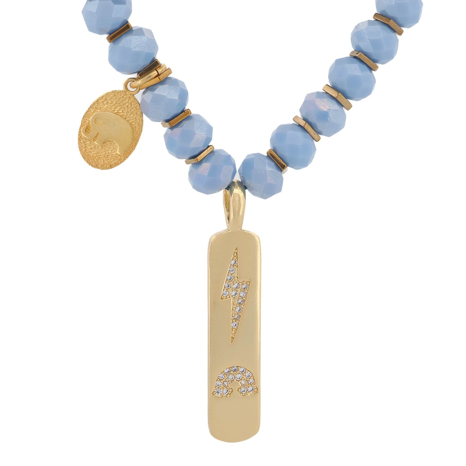 Protective Elephant & Power Lightning Blue Crystal Gold Necklace - Blue