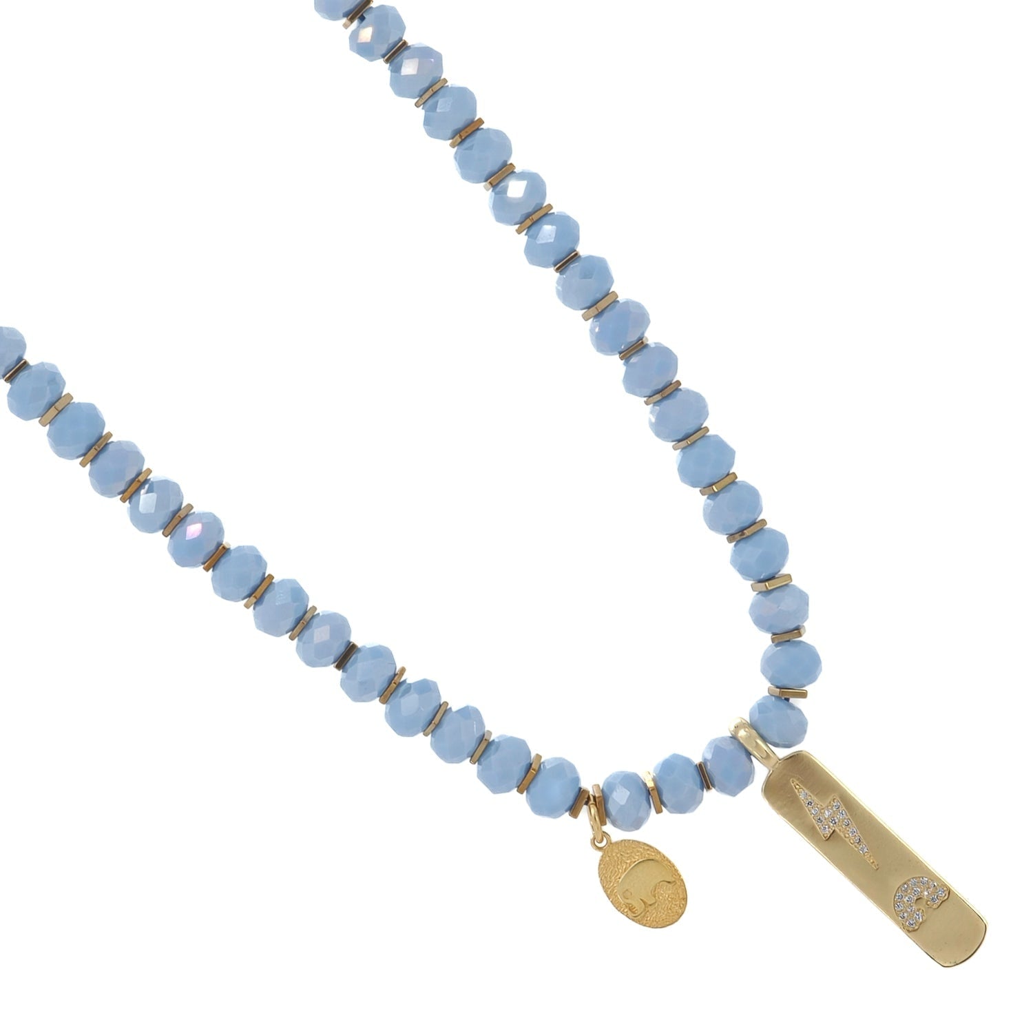 Protective Elephant & Power Lightning Blue Crystal Gold Necklace - Blue