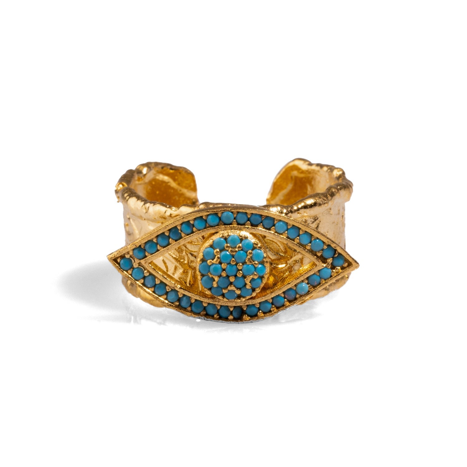 Turquoise Evil Eye Design Gold Adjustable Statement Ring - Blue
