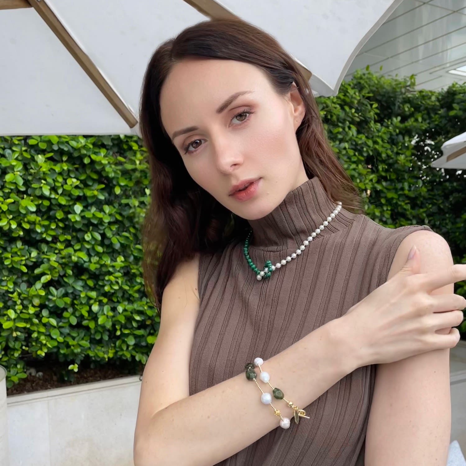 Malachite With Freshwater Pearl Knotted Necklace