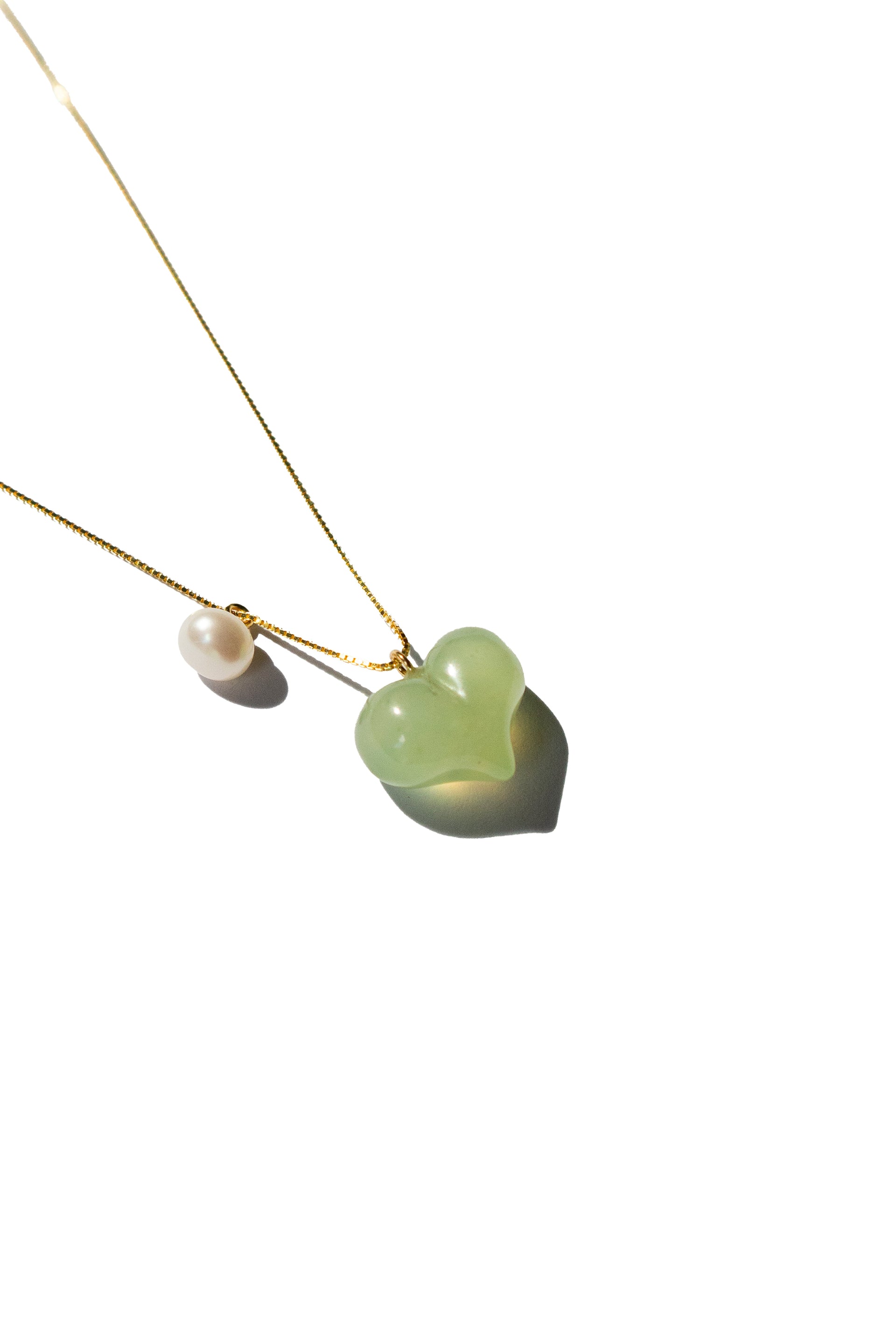 Puffed Heart Green Jade & Pearl Pendant Necklace