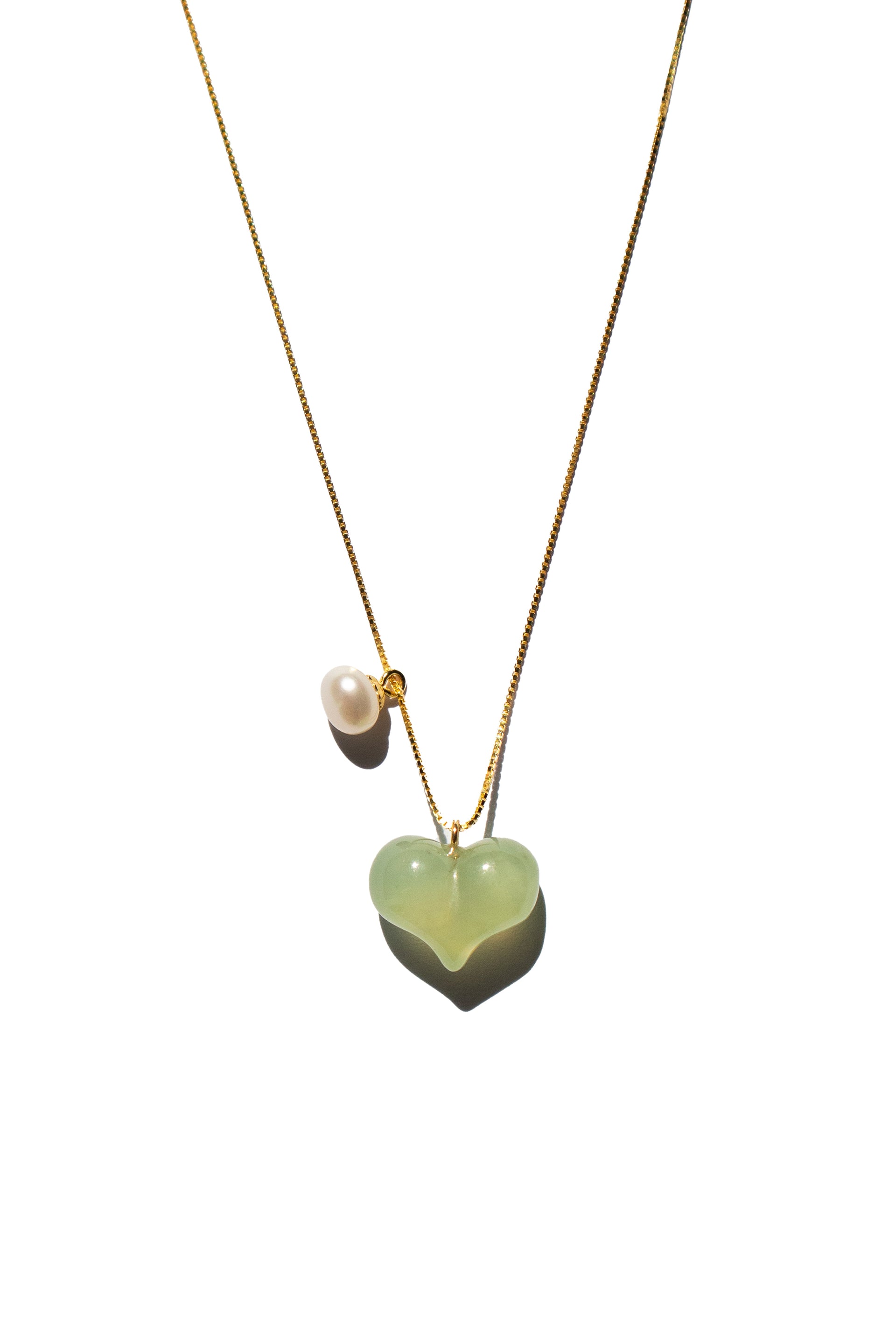 Puffed Heart Green Jade & Pearl Pendant Necklace