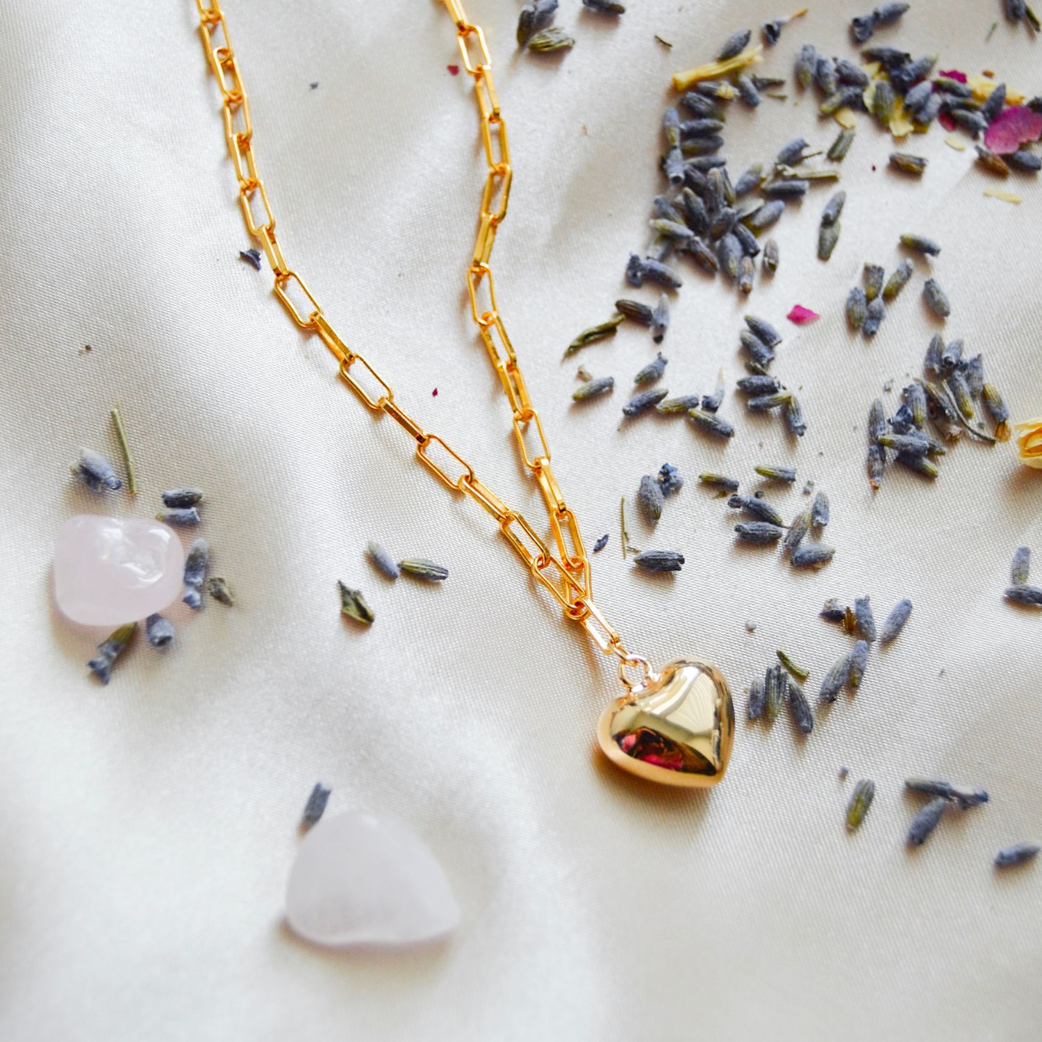 Puffy Heart Paperclip Chain Necklace, Gold Over Sterling Silver