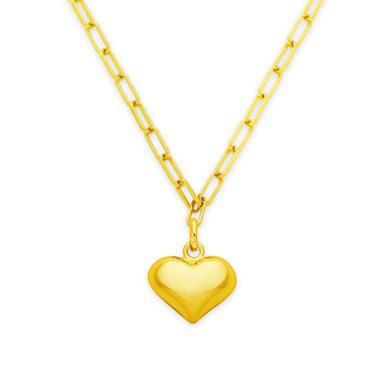 Puffy Heart Paperclip Chain Necklace, Gold Over Sterling Silver