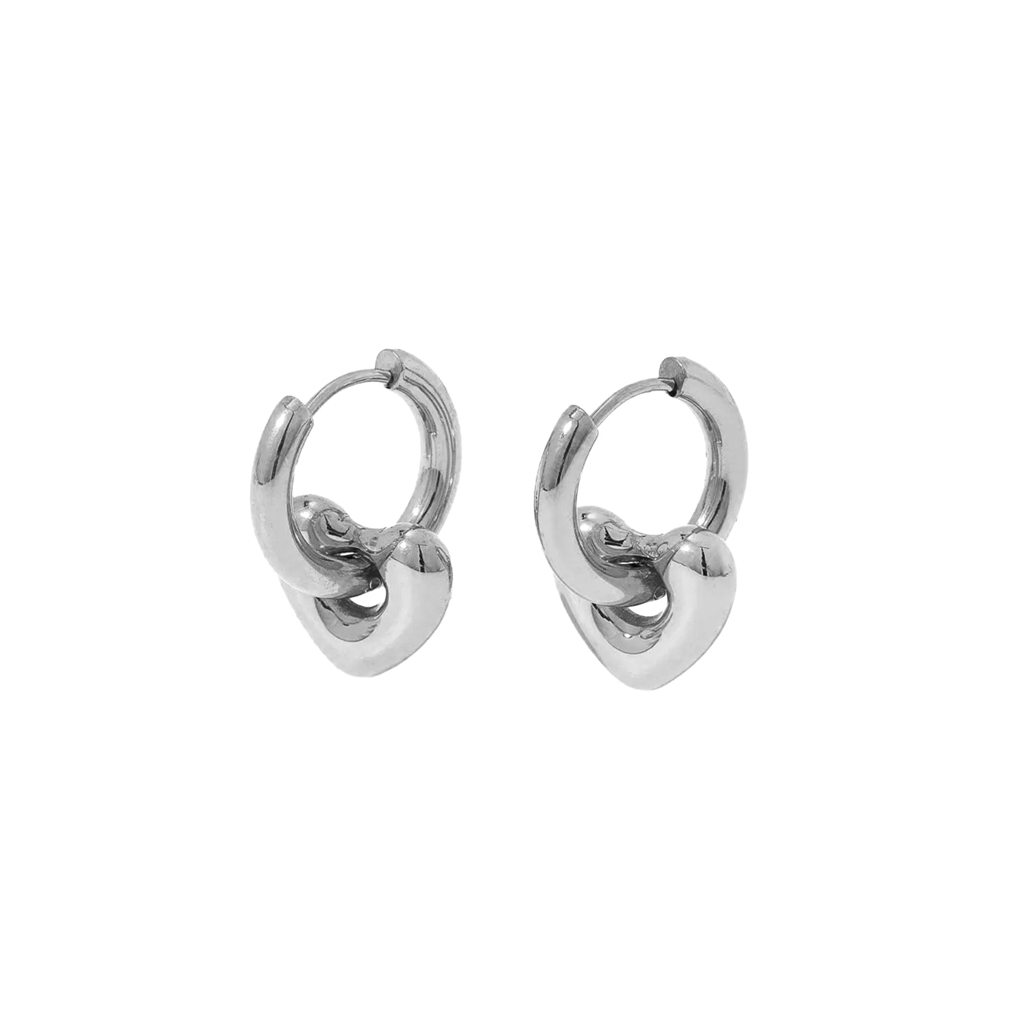 Puffy Silver Heart Charm Earring Hoop Sterling Minimal