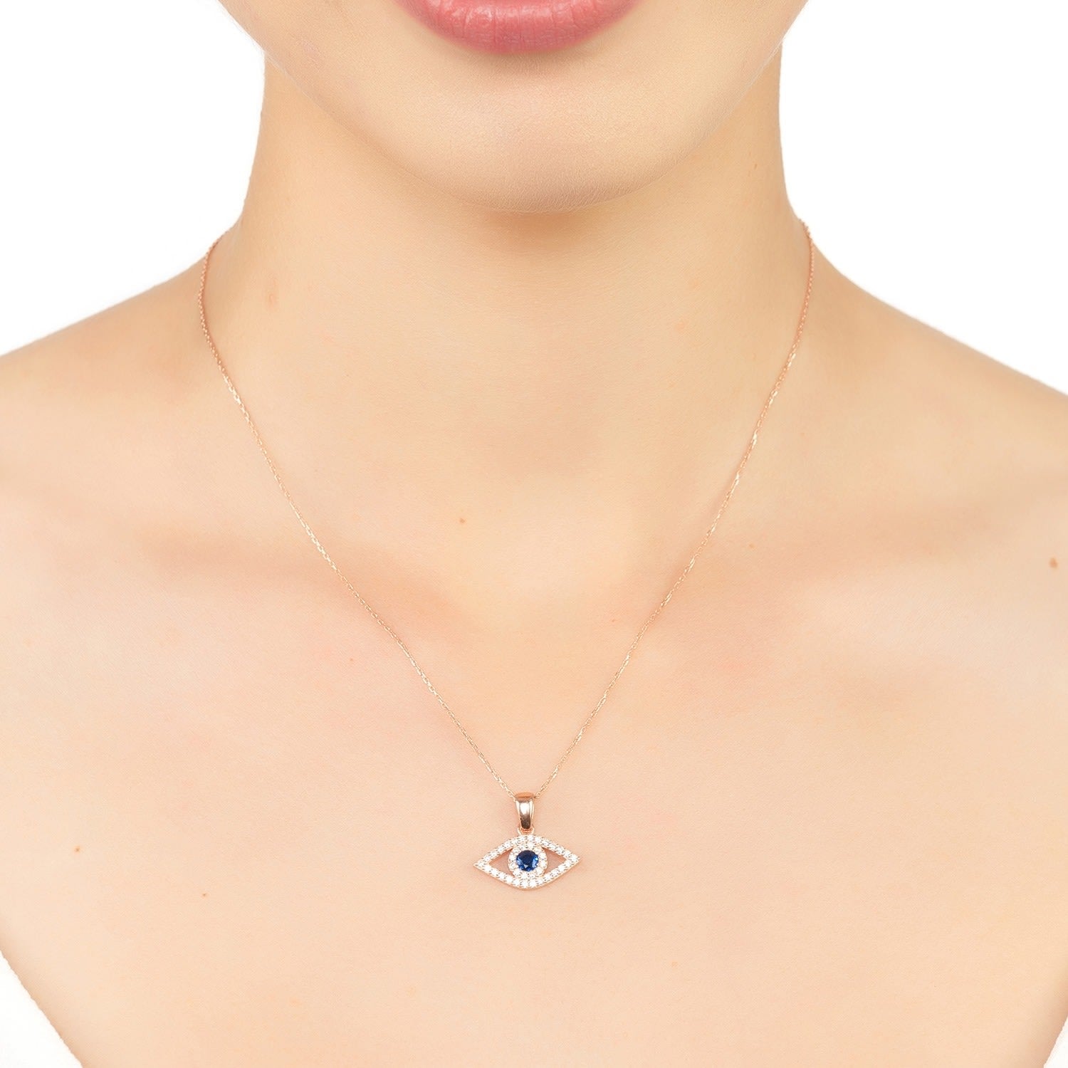 Evil Eye Elliptical Necklace Blue Rosegold