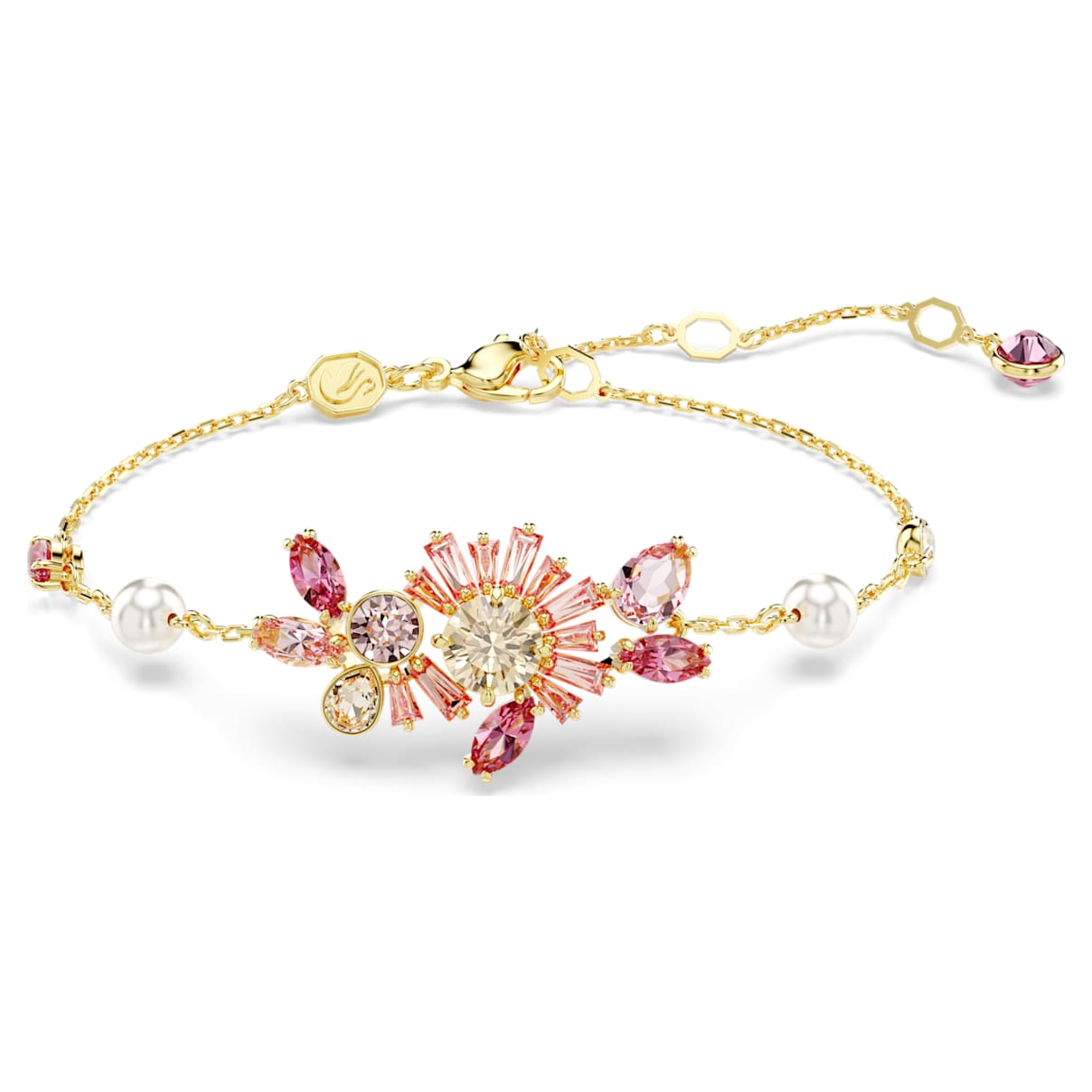 GEMA BRACELET CRYSTAL PEARL MIXED CUTS FLOWER PINK GOLD TONE PLATED