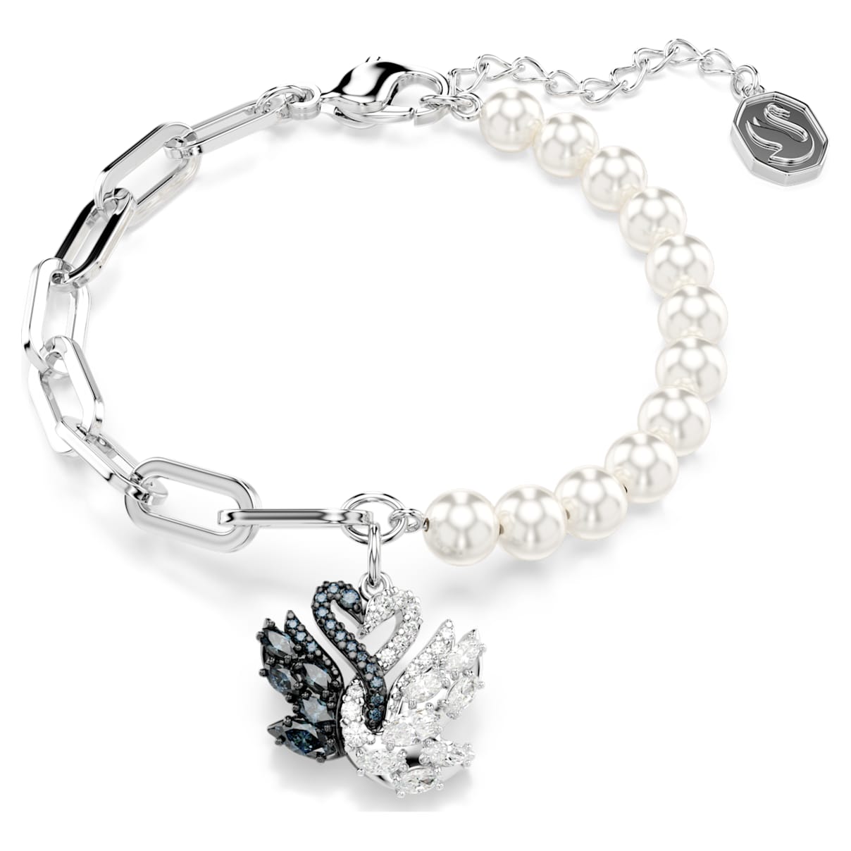 SWAN BRACELET CRYSTAL PEARL SWAN BLACK MIXED METAL FINISH