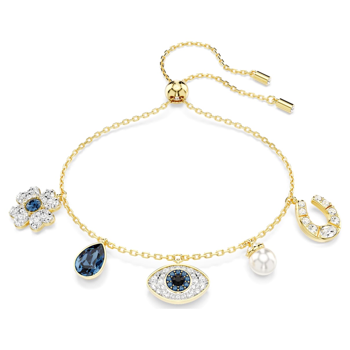 SYMBOLICA BRACELET CRYSTAL PEARL CLOVER EVIL EYE AND HORSESHOE BLUE GOLD TONE PLATED
