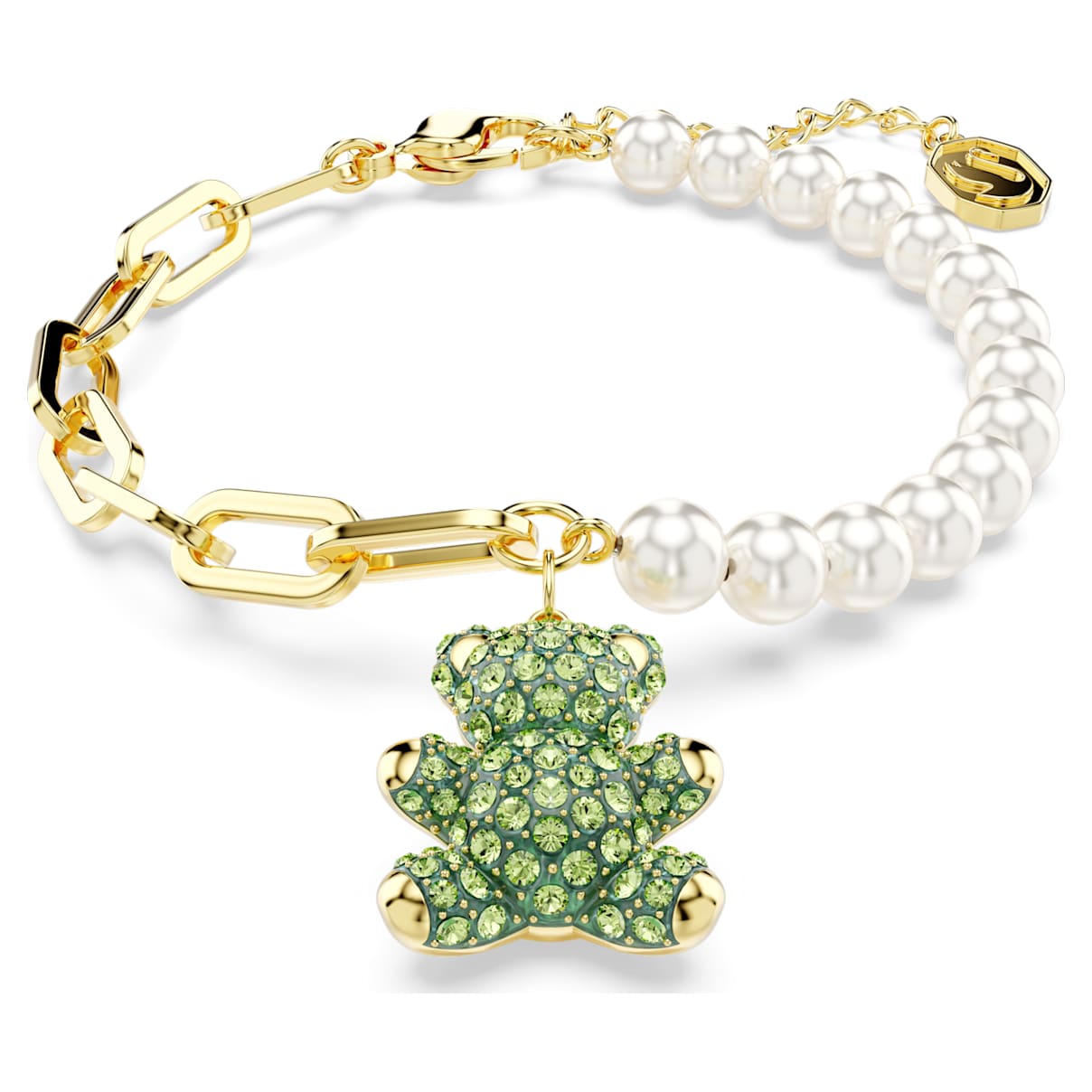 TEDDY BRACELET CRYSTAL PEARL BEAR GREEN GOLD TONE PLATED