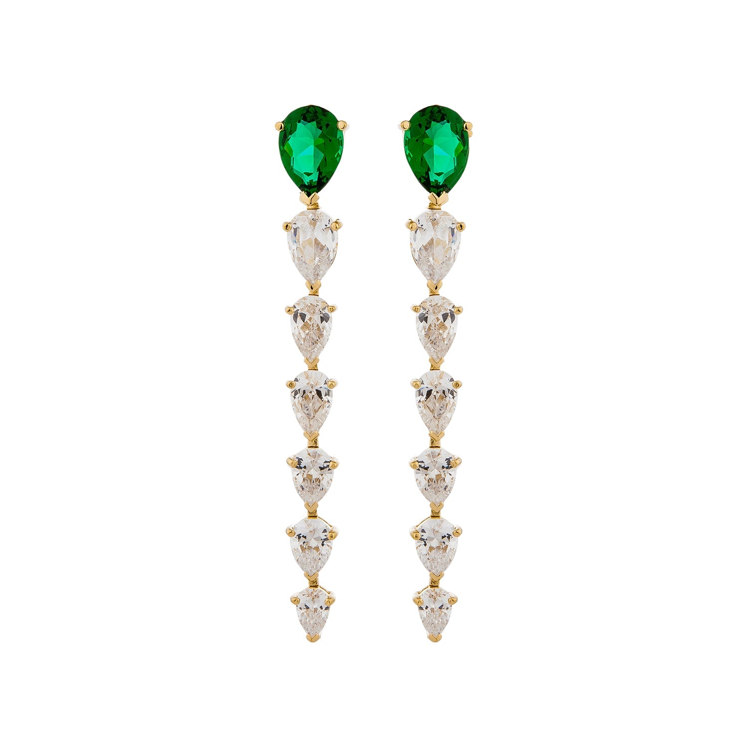 Pure Cascade Earrings With Man Made Emeralds & Cz Diamond Stimulant In 18K Gold Vermeil