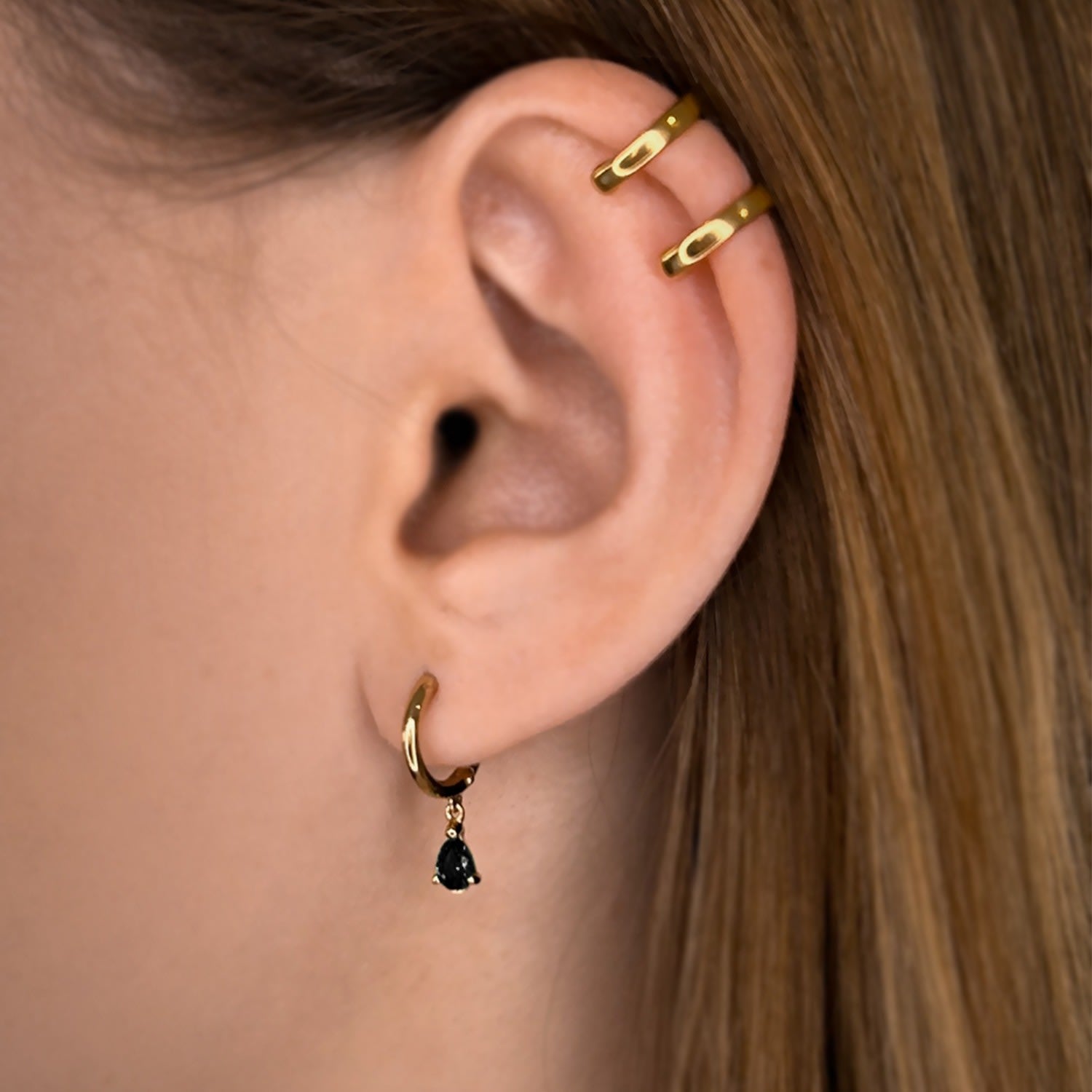 Pure Drop Alchemy Huggie Earrings With Man Made Black Cz Diamond Stimulant In Sterling Silver & 18K Gold Vermeil
