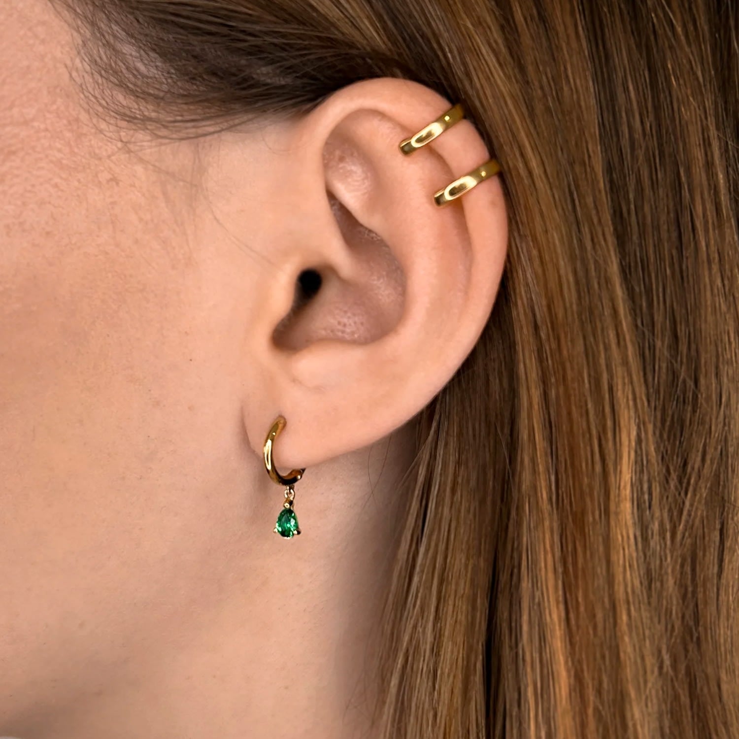 Pure Drop Alchemy Huggie Earrings With Man Made Emeralds In 18K Gold Vermeil