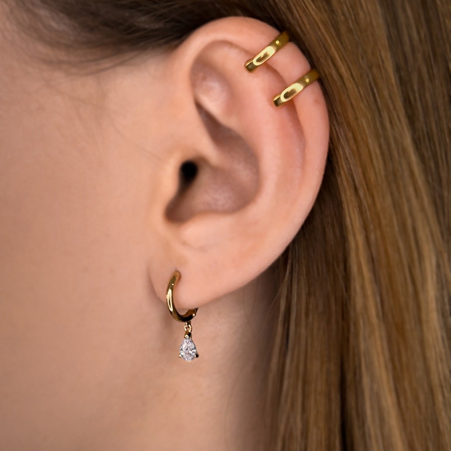Pure Drop Alchemy Huggie Earrings With Man Made White Cz Diamond Stimulant In Sterling Silver & 18K Gold Vermeil