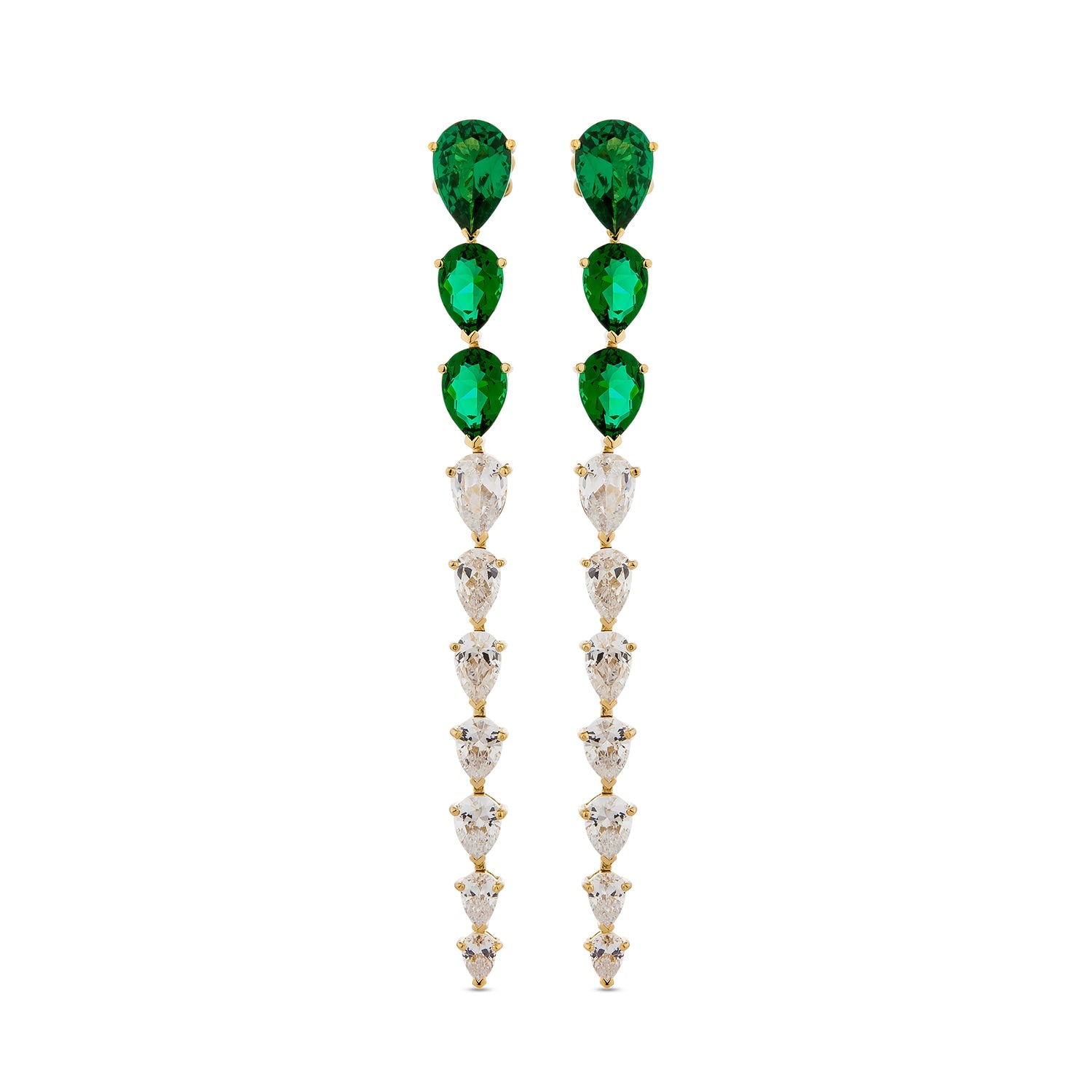 Pure Drop Grande Earring With Man Made Emerald & Cz Diamond Stimulant In Sterling Silver & 18K Gold Vermeil