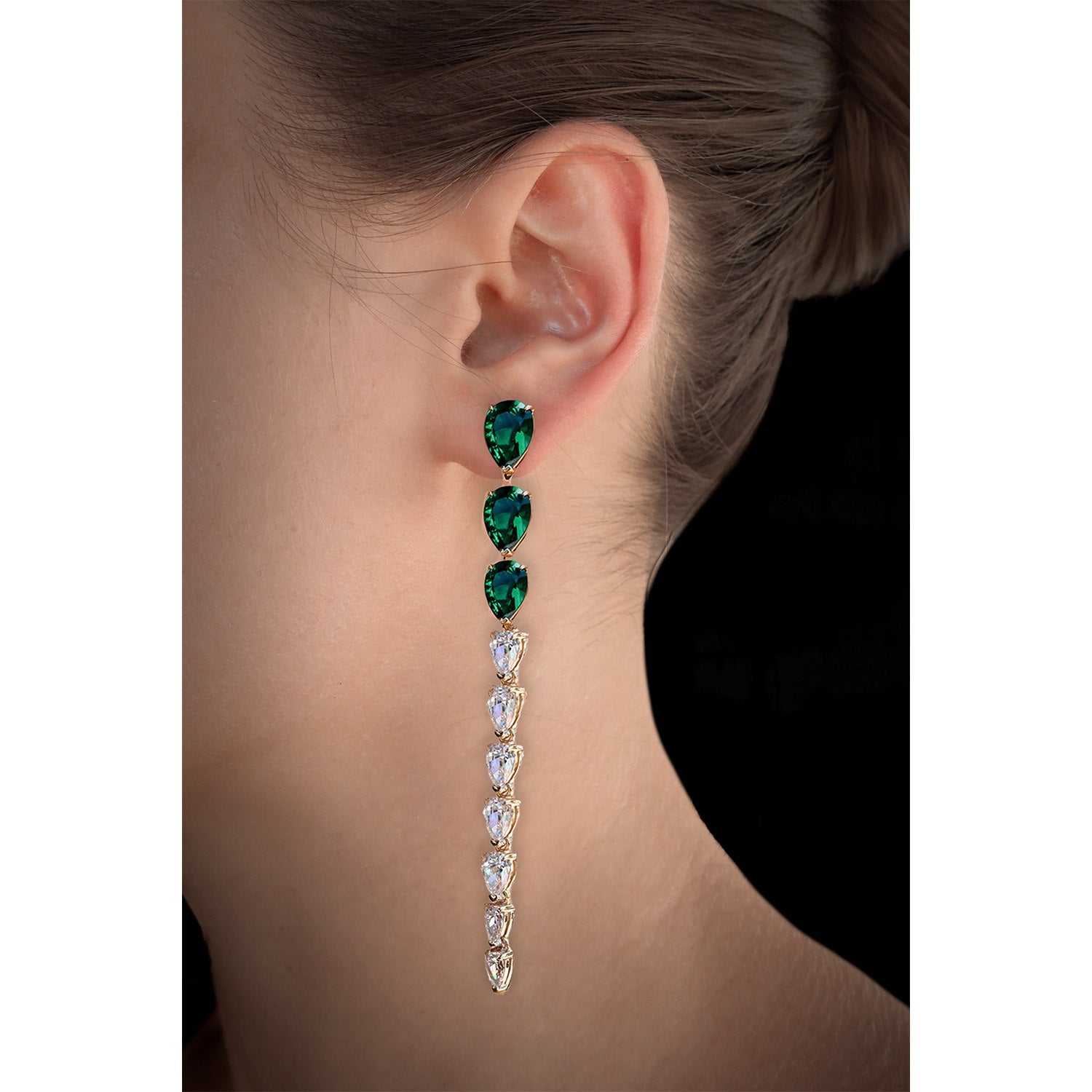 Pure Drop Grande Earring With Man Made Emerald & Cz Diamond Stimulant In Sterling Silver & 18K Gold Vermeil