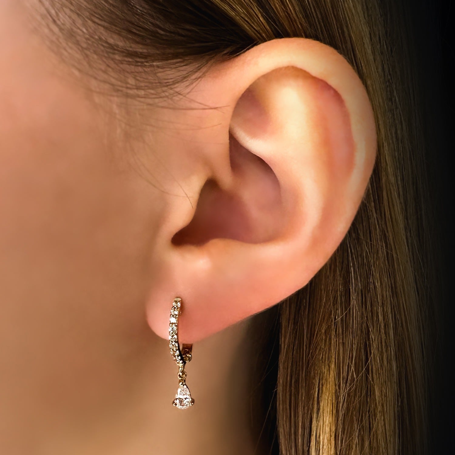 Pure Drop Huggie With Man Made White Cz Diamond Stimulant In Sterling Silver & 18K Gold Vermeil